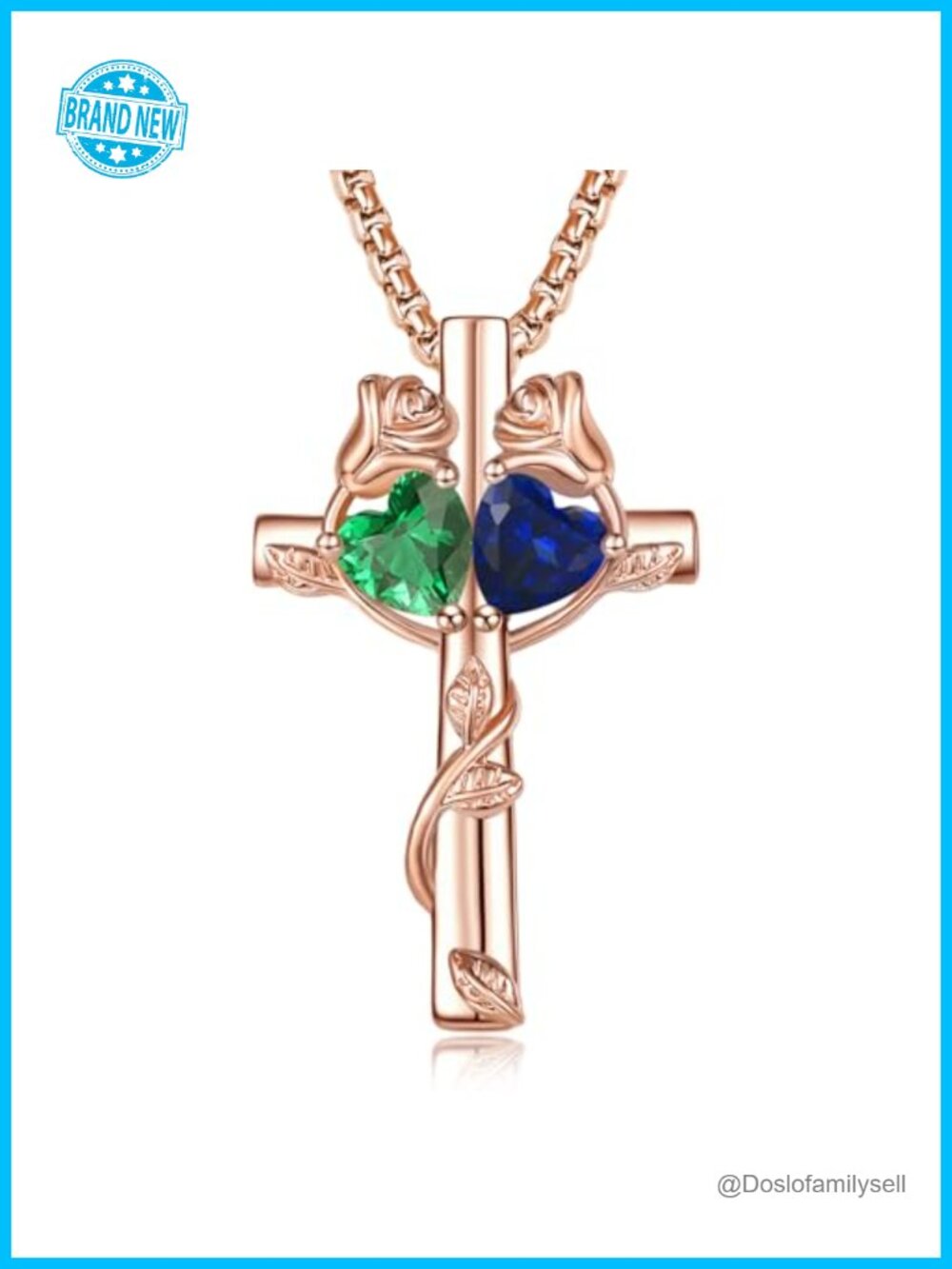 14K Rose Gold Cross Necklace Women Two Birthstones Pendant 22 Inch Chain